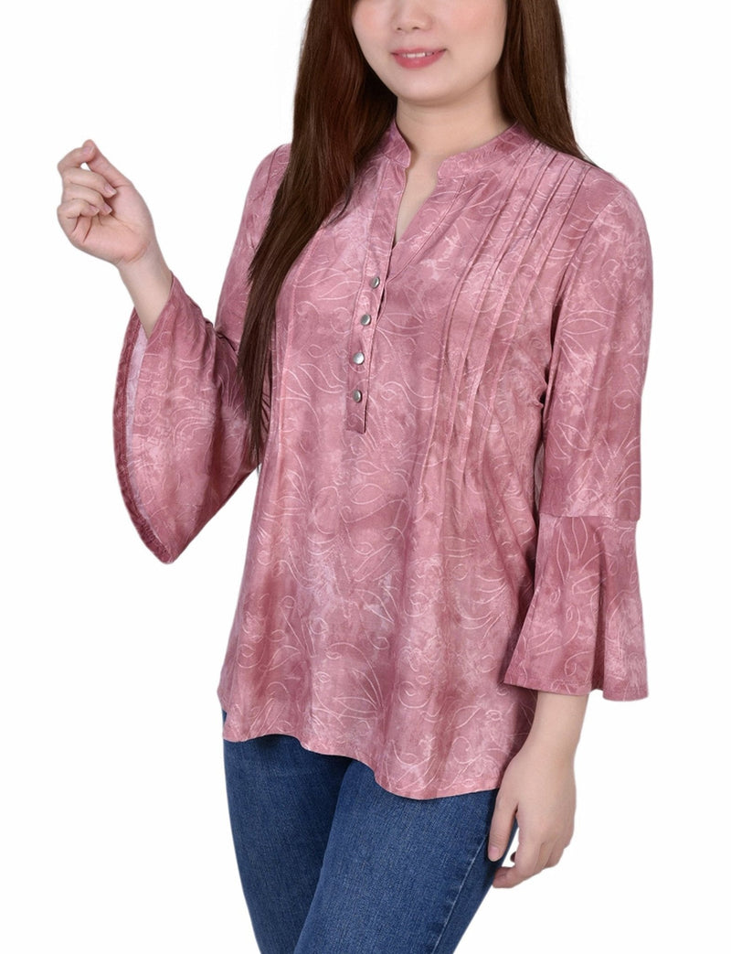 Mauve Tie Dye 3/4 Bell Sleeve Pleat Front Y Neck Top